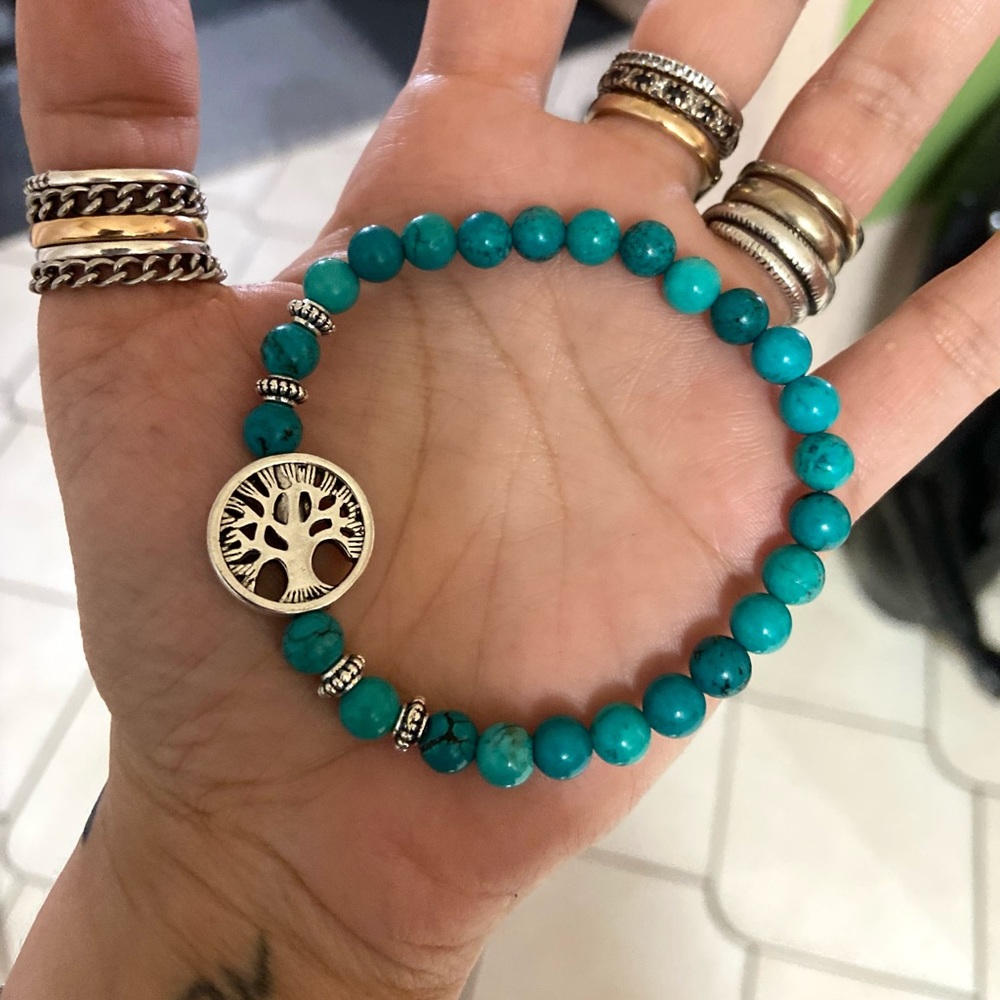 Turquoise 6mm silver tree of life bead bracelet - Picture 3 of 5